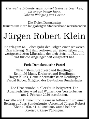 Anzeige von Jürgen Robert Klein von Reutlinger General-Anzeiger