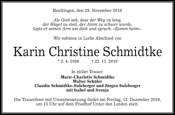 Anzeige von Karin Christine Schmidtke von Reutlinger General-Anzeiger