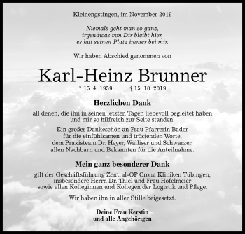 Anzeige von Karl-Heinz Brunner von Reutlinger General-Anzeiger