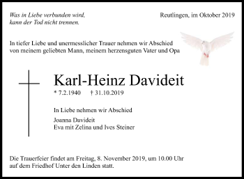 Anzeige von Karl-Heinz Davideit von Reutlinger General-Anzeiger