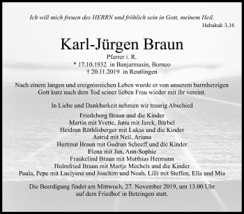 Anzeige von Karl-Jürgen Braun von Reutlinger General-Anzeiger
