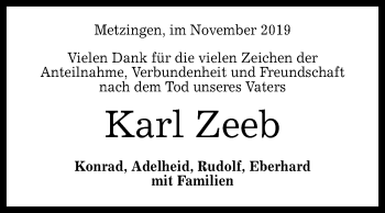 Anzeige von Karl Zeeb von Reutlinger General-Anzeiger