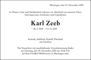 Anzeige von Karl Zeeb von Reutlinger General-Anzeiger