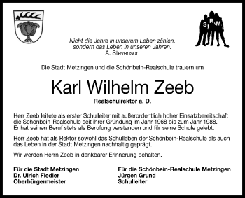 Anzeige von Karl Wilhelm Zeeb von Reutlinger General-Anzeiger