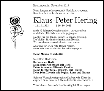 Anzeige von Klaus-Peter Hering von Reutlinger General-Anzeiger