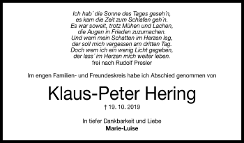 Anzeige von Klaus-Peter Hering von Reutlinger General-Anzeiger