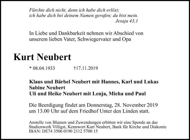  Traueranzeige für Kurt Neubert vom 23.11.2019 aus Reutlinger General-Anzeiger