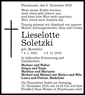 Anzeige von Lieselotte Soletzki von Reutlinger General-Anzeiger