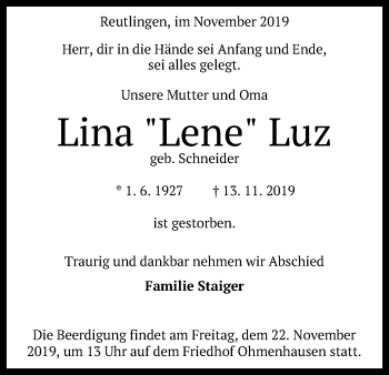 Anzeige von Lina Luz von Reutlinger General-Anzeiger