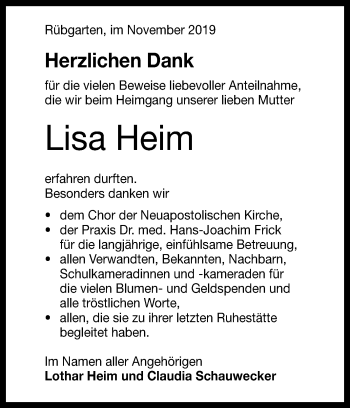 Anzeige von Lisa Heim von Reutlinger General-Anzeiger