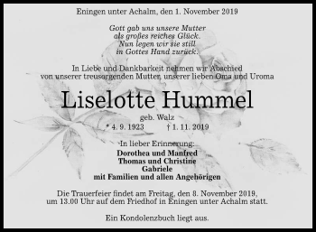 Anzeige von Liselotte Hummel von Reutlinger General-Anzeiger