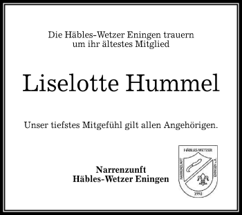 Anzeige von Liselotte Hummel von Reutlinger General-Anzeiger