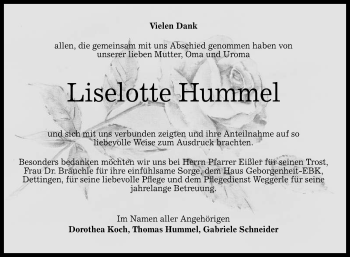 Anzeige von Liselotte Hummel von Reutlinger General-Anzeiger