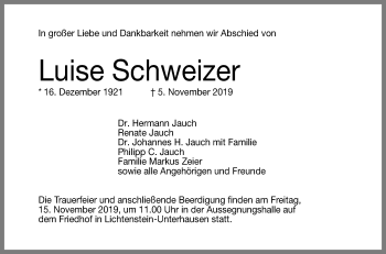 Anzeige von Luise Schweizer von Reutlinger General-Anzeiger