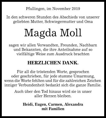 Anzeige von Magda Moll von Reutlinger General-Anzeiger