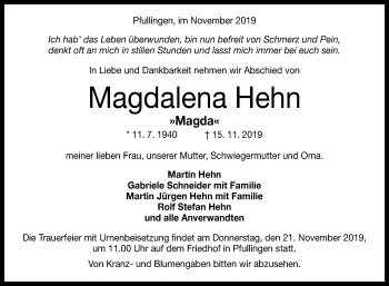 Anzeige von Magdalena Hehn von Reutlinger General-Anzeiger