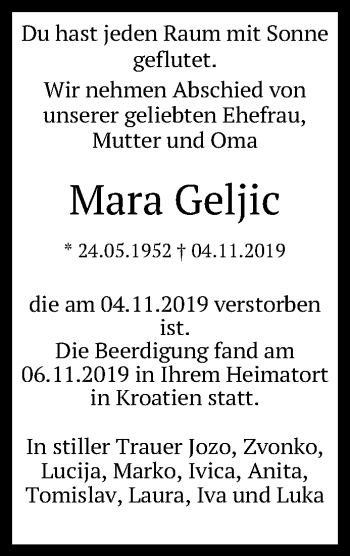 Anzeige von Mara Geljic von Reutlinger General-Anzeiger