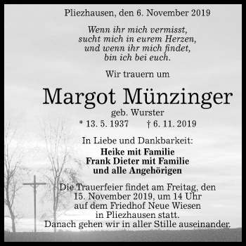 Anzeige von Margot Münzinger von Reutlinger General-Anzeiger
