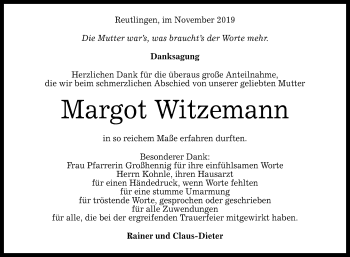 Anzeige von Margot Witzemann von Reutlinger General-Anzeiger