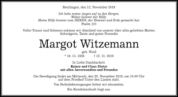 Anzeige von Margot Witzemann von Reutlinger General-Anzeiger