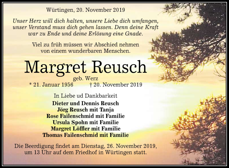  Traueranzeige für Margret Reusch vom 23.11.2019 aus Reutlinger General-Anzeiger