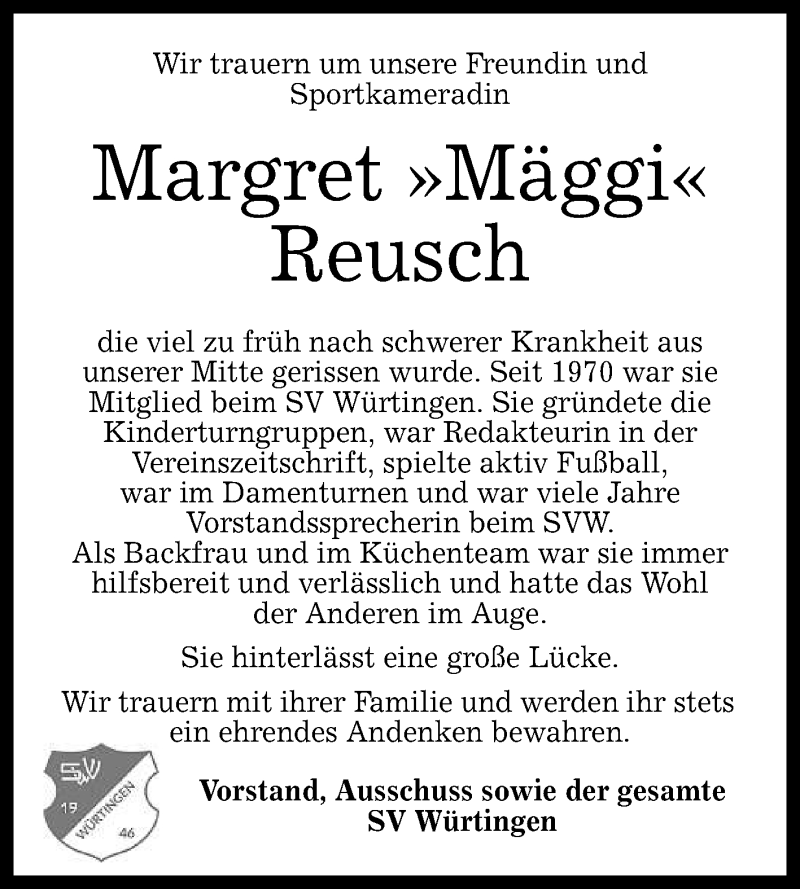  Traueranzeige für Margret Reusch vom 26.11.2019 aus Reutlinger General-Anzeiger