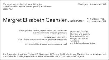 Anzeige von Margret Elisabeth Gaenslen von Reutlinger General-Anzeiger