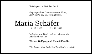 Anzeige von Maria Schäfer von Reutlinger General-Anzeiger