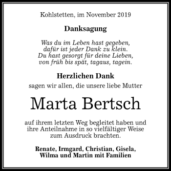 Anzeige von Marta Bertsch von Reutlinger General-Anzeiger