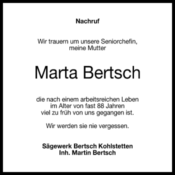 Anzeige von Marta Bertsch von Reutlinger General-Anzeiger