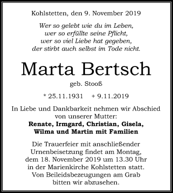 Anzeige von Marta Bertsch von Reutlinger General-Anzeiger