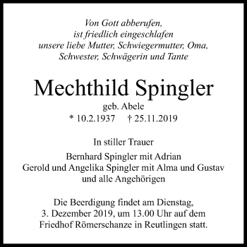 Anzeige von Mechthild Spingler von Reutlinger General-Anzeiger