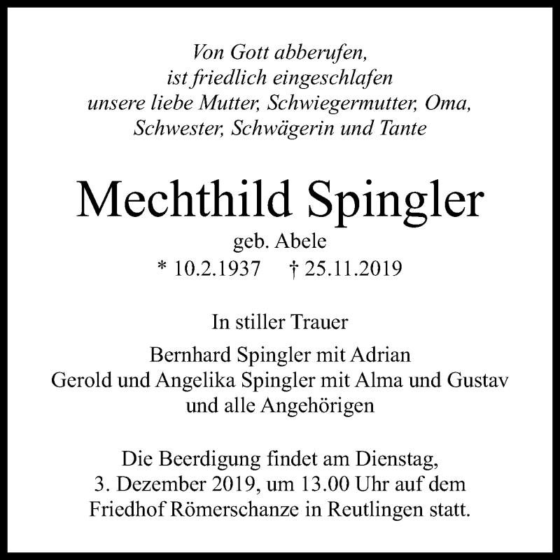  Traueranzeige für Mechthild Spingler vom 28.11.2019 aus Reutlinger General-Anzeiger