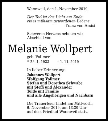 Anzeige von Melanie Wollpert von Reutlinger General-Anzeiger