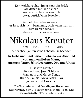 Anzeige von Nikolaus Kreuter von Reutlinger General-Anzeiger