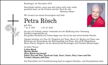 Anzeige von Petra Rösch von Reutlinger General-Anzeiger