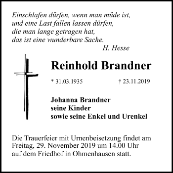 Anzeige von Reinhold Brandner von Reutlinger General-Anzeiger