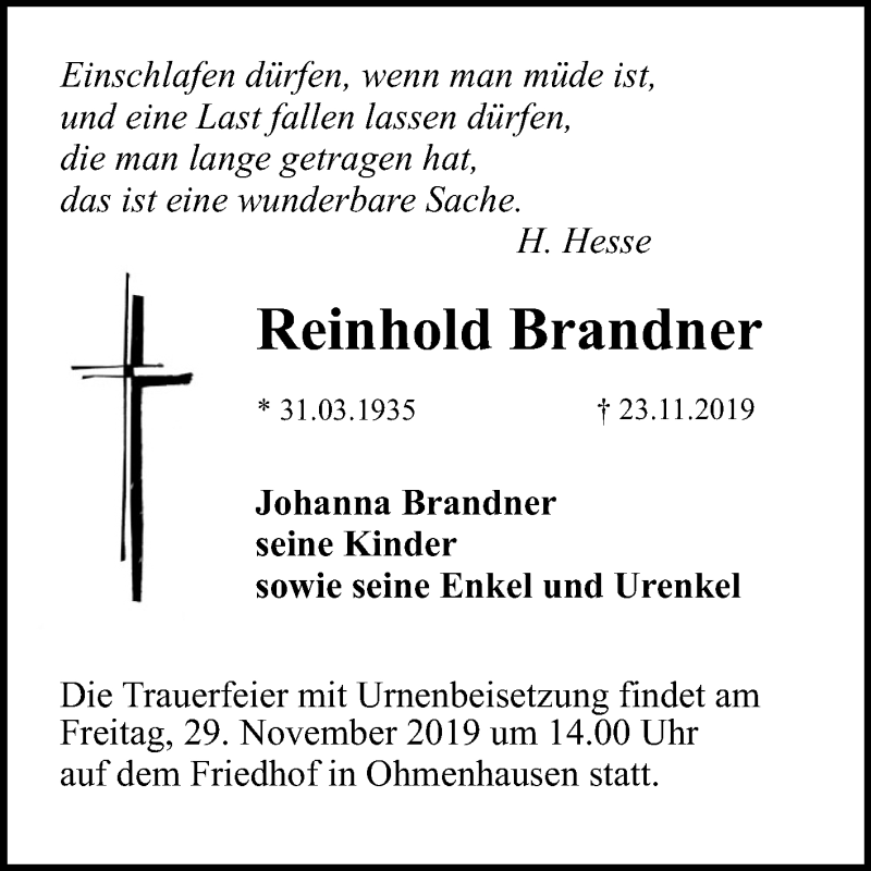 Traueranzeige für Reinhold Brandner vom 26.11.2019 aus Reutlinger General-Anzeiger