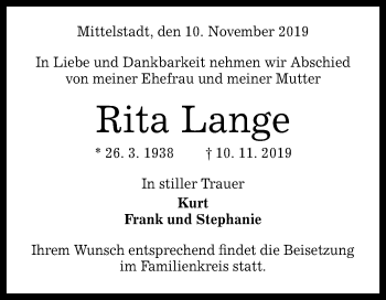 Anzeige von Rita Lange von Reutlinger General-Anzeiger