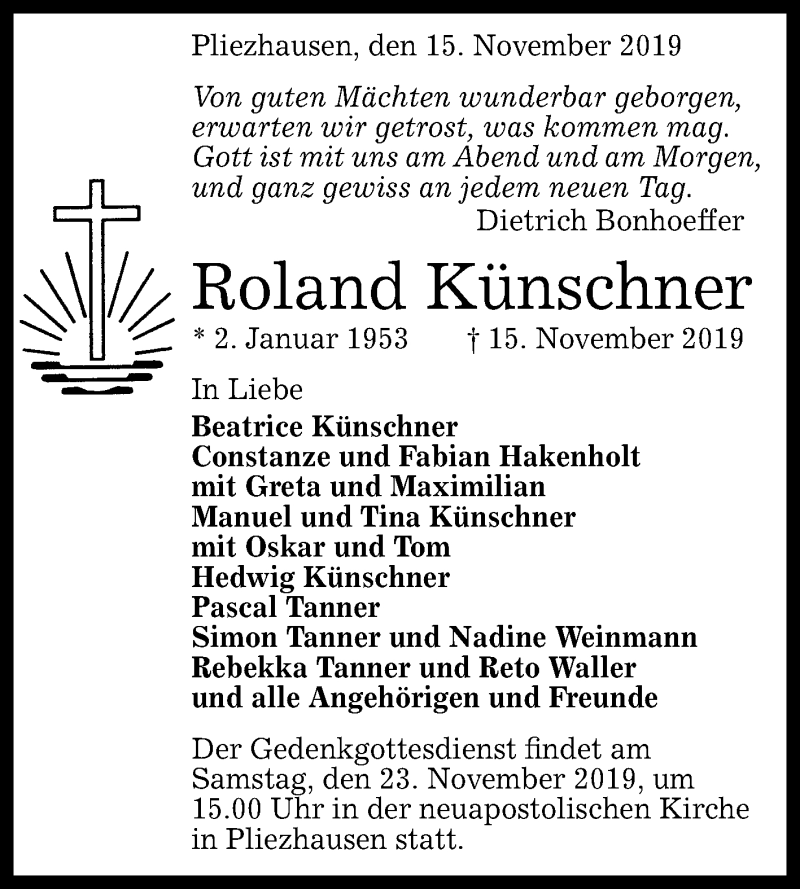  Traueranzeige für Roland Künschner vom 19.11.2019 aus Reutlinger General-Anzeiger