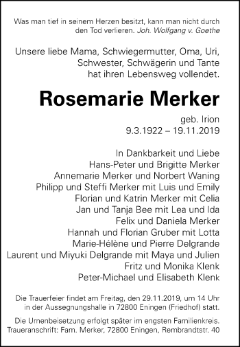 Anzeige von Rosemarie Merker von Reutlinger General-Anzeiger