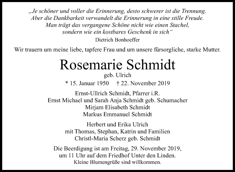  Traueranzeige für Rosemarie Schmidt vom 26.11.2019 aus Reutlinger General-Anzeiger