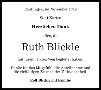 Anzeige von Ruth Blickle von Reutlinger General-Anzeiger