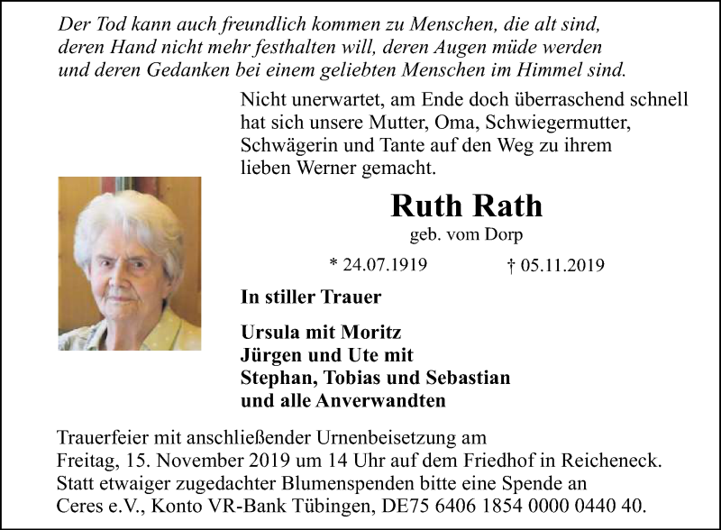  Traueranzeige für Ruth Rath vom 12.11.2019 aus Reutlinger General-Anzeiger