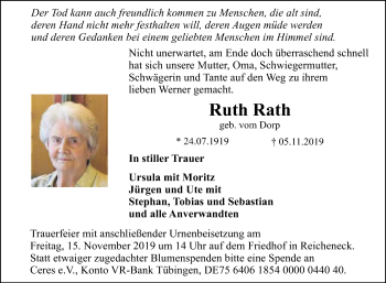 Anzeige von Ruth Rath von Reutlinger General-Anzeiger