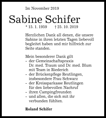 Anzeige von Sabine Schifer von Reutlinger General-Anzeiger