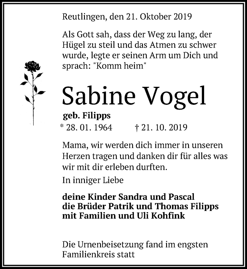  Traueranzeige für Sabine Vogel vom 09.11.2019 aus Reutlinger General-Anzeiger