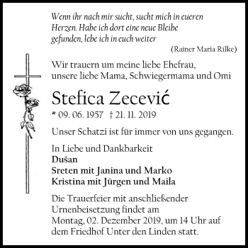 Anzeige von Stefica Zecevic von Reutlinger General-Anzeiger