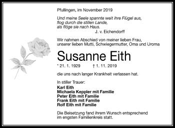 Anzeige von Susanne Eith von Reutlinger General-Anzeiger