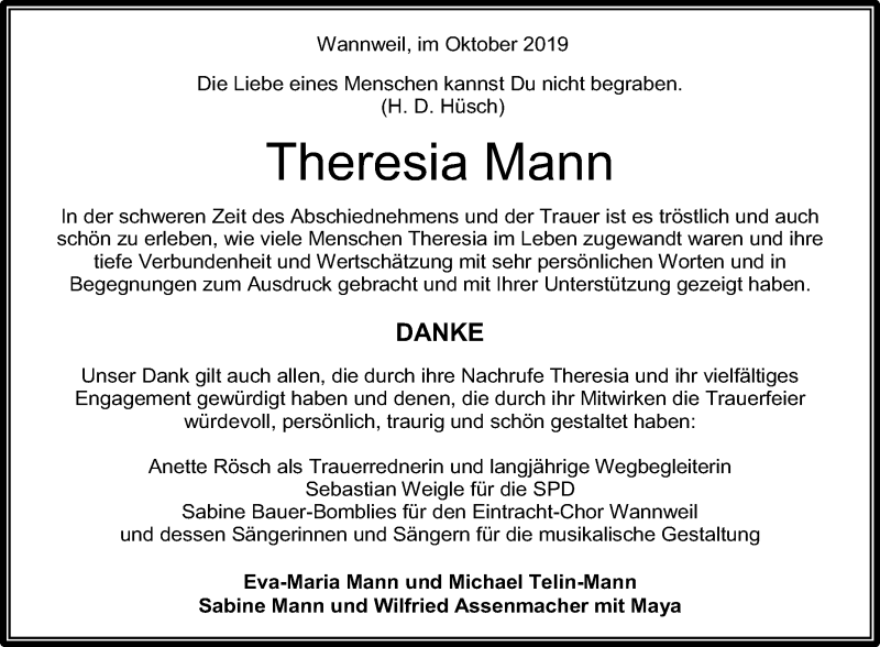  Traueranzeige für Theresia Mann vom 02.11.2019 aus Reutlinger General-Anzeiger